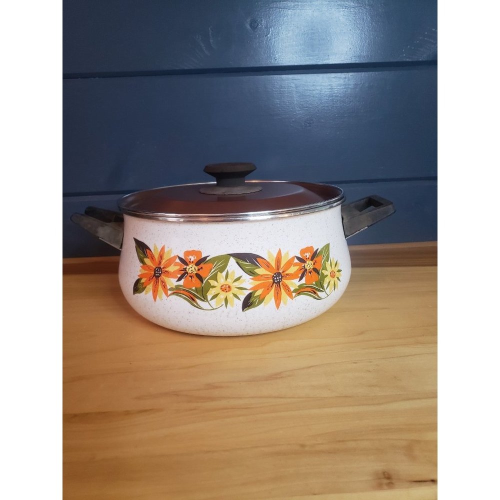 70s Orange and Yellow Floral Soup Pot